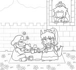  1boy 2girls ayyk92 blanket bowsette collar crown cup dish flower gloves hat mario super_mario_bros. monochrome multiple_girls new_super_mario_bros._u_deluxe nintendo overalls princess_peach source_request spiked_armlet spiked_collar spiked_gauntlets spiked_shell spiked_tail spikes super_crown tail teacup teapot turtle_shell 