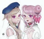  2girls blonde_hair close-up double_bun fang hat highres himehina_channel holding_hands looking_at_viewer multiple_girls nanja open_mouth pink_hair sketch suzuki_hina tanaka_hime violet_eyes virtual_youtuber 