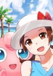  1girl :d absurdres bare_shoulders bow brown_eyes brown_hair clouds collarbone commentary english_commentary gen_1_pokemon hat hat_bow highres hill jigglypuff light_beam looking_at_viewer lyra_(pokemon) mr._miruku open_mouth outdoors pokemon pokemon_(creature) pokemon_(game) pokemon_masters_ex red_bow shiny shiny_hair sky smile tongue tree twintails water white_headwear 