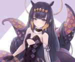  1girl bangs black_dress black_gloves blue_eyes blunt_bangs breasts choker cowboy_shot detached_sleeves dress eyebrows_visible_through_hair fur_trim gloves halo headpiece hololive hololive_english leonmandala long_hair looking_at_viewer mole mole_under_eye ninomae_ina&#039;nis pointy_ears purple_hair sidelocks simple_background single_detached_sleeve small_breasts smile solo strapless strapless_dress tentacles virtual_youtuber 