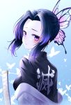  1girl black_jacket blue_hair blush bug butterfly butterfly_hair_ornament closed_mouth from_side hair_intakes hair_ornament haori highres insect jacket japanese_clothes kanzi kimetsu_no_yaiba kochou_shinobu looking_at_viewer looking_back shiny shiny_hair short_hair_with_long_locks sidelocks solo sword upper_body violet_eyes weapon 