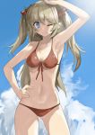  1girl absurdres bikini blue_eyes blue_sky breasts brown_hair clouds collarbone contrapposto front-tie_top hand_on_hip highres long_hair looking_at_viewer mariel_(p&amp;d) navel one_eye_closed puzzle_&amp;_dragons red_bikini side-tie_bikini sky small_breasts solo standing swimsuit two_side_up yogukasu 