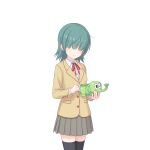  1girl aoi_(princess_connect!) aoi_(real)_(princess_connect!) black_thighhighs green_hair hair_over_eyes holding holding_watering_can jacket medium_hair necktie official_art princess_connect! red_necktie school_uniform skirt tachi-e thigh-highs transparent_background watering_can 