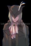  1girl absurdres black_background blonde_hair blood blood_stain bloodborne bloody_clothes cape closed_eyes collar gem hat hat_feather highres huge_filesize isdss lady_maria_of_the_astral_clocktower long_hair ponytail simple_background smile solo the_old_hunters tricorne 