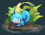  blue_eyes commentary_request full_body gen_8_pokemon highres leaf looking_to_the_side no_humans nullma open_mouth pokemon pokemon_(creature) sobble starter_pokemon tongue water 