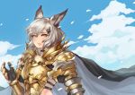  1girl absurdres alliah_istavion animal_ears armor bangs breastplate cape clouds day gauntlets granblue_fantasy green_hair hair_ornament highres hjz_(artemi) huge_filesize leaf looking_at_viewer short_hair shoulder_armor solo upper_body wind yellow_eyes 