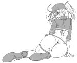  ... 1girl ahoge arm_support artoria_pendragon_(all) ass ass_focus bikini blush commentary_request fate/grand_order fate_(series) greyscale hair_between_eyes hat high_heels highres kiriya_(aprikose_0312) monochrome mysterious_heroine_xx_(foreigner) ponytail shrug_(clothing) simple_background sitting solo swimsuit translation_request white_background 