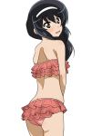  1girl ass back bangs bikini black_hair brown_eyes commentary_request cowboy_shot eyebrows_visible_through_hair frilled_bikini frills from_behind girls_und_panzer hair_over_shoulder hairband highres long_hair looking_at_viewer looking_back open_mouth pink_bikini reizei_mako simple_background smile solo strapless strapless_bikini swimsuit wakku_kan white_background white_hairband 