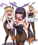  1boy 1girl 1other @_@ animal_ears between_breasts blonde_hair blush bow bowtie breasts brown_hair bunny_tail bunnysuit chevalier_d&#039;eon_(fate/grand_order) cocktail_glass cup detached_collar drinking_glass fate/grand_order fate_(series) fionn_mac_cumhaill_(fate/grand_order) glasses highres moriyama_daisuke osakabe-hime_(fate/grand_order) pantyhose rabbit_ears tail tray twintails twitter_username wrist_cuffs 