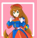  1girl android beret breasts brown_hair capcom green_eyes hair_between_eyes hat highres iris_(rockman_x) large long_hair looking_at_viewer low-tied_long_hair open_mouth pink_background rockman rockman_x simple_background smile solo 