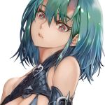  1girl bare_shoulders blue_hair collarbone demon demon_girl face gradient gradient_hair green_hair grey_background hair_between_eyes horns medium_hair multicolored_hair ninnin_(shishitou) original parted_lips red_eyes solo upper_body 