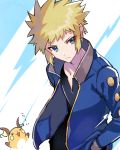  1boy bangs black_shirt blonde_hair blue_eyes blue_jacket closed_mouth collarbone commentary_request gen_1_pokemon gym_leader hand_in_pocket jacket long_sleeves looking_to_the_side pokemon pokemon_(creature) pokemon_(game) pokemon_dppt raichu shiny shiny_hair shirt spiky_hair tpi_ri volkner_(pokemon) 