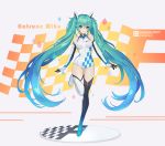  1girl absurdres bare_shoulders blue_eyes blue_hair breasts character_name choker elbow_gloves full_body gloves hatsune_miku highres hyuckjune_jeon leotard looking_at_viewer medium_breasts racequeen racing smile solo standing thigh-highs twintails vocaloid 