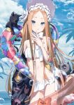  1girl :q abigail_williams_(fate/grand_order) abigail_williams_(swimsuit_foreigner)_(fate) animal bangs bikini blonde_hair blue_sky blush bonnet cat clouds fate/grand_order fate_(series) innertube long_hair looking_at_viewer palm_tree parted_bangs sky smile solo swimsuit tongue tongue_out tree variations white_bikini xkirara39x 