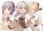  3girls :3 :d ^_^ bangs blush bow braid brown_bow brown_eyes brown_hair closed_eyes closed_mouth collared_shirt eyebrows_visible_through_hair grey_hair hair_between_eyes hair_bow hair_flaps hair_over_one_eye hands_up highres hoshi_shouko idolmaster idolmaster_cinderella_girls kawaii_boku_to_142&#039;s koshimizu_sachiko matching_outfit multiple_girls open_mouth orange_bow plaid plaid_bow pleated_skirt puffy_short_sleeves puffy_sleeves purple_hair shirasaka_koume shirt short_hair short_sleeves skirt smile white_shirt white_skirt wrist_cuffs yukie_(kusaka_shi) 