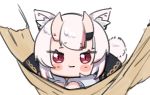  1girl :3 animal_ear_fluff animal_ears blush cat_ears chibi hololive horns kemonomimi_mode looking_at_viewer multicolored_hair nakiri_ayame namaonpa red_eyes redhead simple_background solo streaked_hair symbol_commentary white_background white_hair 