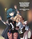  2girls aqua_hair armor blonde_hair blue_eyes blush breast_grab byleth_(fire_emblem) byleth_eisner_(female) catherine_(fire_emblem) fire_emblem fire_emblem:_three_houses gloves grabbing groping highres kinkymation knife knight leggings medium_hair multiple_girls shorts wide-eyed 