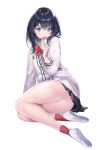  1girl ass bangs bare_legs black_hair black_skirt blue_eyes blush bow bowtie breasts cardigan collared_shirt earphones earphones hair_between_eyes holding holding_phone long_hair long_sleeves looking_at_viewer m2_(guvn5745) medium_breasts phone pleated_skirt red_bow red_legwear red_neckwear school_uniform shirt simple_background sitting skirt socks solo ssss.gridman takarada_rikka thick_thighs thighs white_cardigan white_footwear 