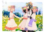  2girls :d ^_^ akemi_homura alternate_costume apron argyle arm_at_side bare_legs black_hair black_skin blue_sky blurry blurry_background border clone closed_eyes closed_mouth clouds cloudy_sky collared_dress colorful day dress expressionless eyelashes faceless faceless_female facing_away flower forest from_side grass half-closed_eyes hand_on_own_face hand_up happy head_wreath height_difference hill kaname_madoka leaf leaf_print legs_up light_blush long_hair looking_at_another mahou_shoujo_madoka_magica multiple_girls nature open_mouth orange_flower outdoors outside_border outstretched_arms patterned_clothing pc_(z_yu) pine_tree pink_dress pink_flower pink_hair pink_ribbon plus_sign profile purple_apron purple_dress purple_flower ribbon shiny shiny_hair short_dress short_sleeves short_twintails side-by-side sidelocks sky smile sparkle standing surreal tree twintails waist_apron white_border white_dress wrist_grab yellow_flower 