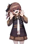  1girl ags-30_(girls_frontline) bangs black_ribbon blue_eyes brown_hair brown_shirt brown_skirt closed_mouth collared_shirt dokomon eyebrows_visible_through_hair fake_facial_hair fake_mustache girls_frontline hair_between_eyes hair_ribbon hands_up head_tilt highres long_hair long_sleeves looking_at_viewer one_side_up ribbon shirt simple_background skirt solo upper_teeth white_background 