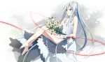  1girl androgynous bangs bare_shoulders barefoot blue_eyes blue_hair dress flower hair_between_eyes highres lily_(flower) long_hair looking_away mikoto_kei open_mouth original simple_background smile string very_long_hair white_dress white_hair white_lily 