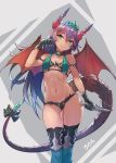  1girl armor arpeggio_kaga ass_visible_through_thighs bangs bikini_armor black_gloves black_legwear blue_hair breasts closed_mouth dragon_girl dragon_horns dragon_tail dragon_wings feet_out_of_frame frown gloves gradient_hair green_eyes grey_background groin hand_up head_tilt highres holding holding_knife horns jewelry knife long_hair looking_at_viewer multicolored_hair navel necklace original pointy_ears purple_hair red_wings ribs skindentation small_breasts solo standing tail tan thigh-highs thigh_gap tiara wings 