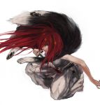  1girl bandages blood bloody_weapon breasts fur green_eyes highres knife kurosujuu long_hair looking_at_viewer medium_breasts paws redhead sarashi shut_hell shut_hell_(character) simple_background smile solo weapon white_background 