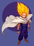  1boy ahoge ankle_boots aqua_eyes baggy_pants blonde_hair boots brown_footwear cape clenched_hands cosplay dragon_ball dragon_ball_z forehead frown full_body highres huge_ahoge male_focus muscle pants piccolo piccolo_(cosplay) pointy_footwear ron_tsfany sash shoulder_pads sleeveless solo son_gohan spiky_hair super_saiyan super_saiyan_2 wristband 