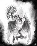  1boy bald belt bodysuit boots bruise cape clenched_hand closed_mouth flying full_body gloves greyscale highres injury jitome looking_at_viewer monochrome one-punch_man pants saitama_(one-punch_man) sanpaku signature solo superhero the_golden_smurf 