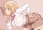 1girl bent_over blonde_hair blue_eyes blush breasts brown_background cowboy_shot hand_on_hip hanging_breasts hololive hololive_english kanachirou large_breasts long_sleeves looking_away magnifying_glass monocle_hair_ornament necktie open_clothes open_shirt parted_lips red_neckwear simple_background single_garter_strap solo twitter_username virtual_youtuber watson_amelia