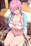  1girl absurdres bikini blue_gk blue_jacket book breasts collarbone fate/grand_order fate_(series) fou_(fate/grand_order) glasses hair_over_one_eye highres jacket large_breasts looking_at_viewer mash_kyrielight multicolored multicolored_bikini multicolored_clothes navel open_clothes open_jacket open_mouth pink_hair short_hair short_sleeves sitting smile striped striped_bikini swimsuit thighs violet_eyes 