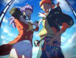  2boys baseball_cap black_hoodie buttons clouds commentary_request day earrings hat highres holding holding_clothes holding_hat holding_poke_ball jewelry leon_(pokemon) male_focus multiple_boys number open_mouth orange_headwear poke_ball pokemon pokemon_(game) pokemon_swsh purple_hair raihan_(pokemon) shorts sky smile suruga_dbh teeth ultra_ball yellow_eyes 