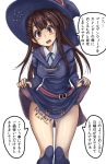  1girl blush breasts brown_hair commentary_request dress hat kagari_atsuko little_witch_academia long_hair looking_at_viewer luna_nova_school_uniform monikano open_mouth red_eyes school_uniform simple_background skirt skirt_lift smile solo thigh-highs white_background witch witch_hat 