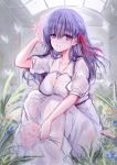  1girl bangs blush breasts collarbone dress fate/stay_night fate_(series) flower hair_ribbon heaven&#039;s_feel highres knees_up large_breasts long_hair looking_at_viewer mafuyu matou_sakura petals pink_ribbon puffy_short_sleeves puffy_sleeves purple_hair ribbon short_sleeves sitting smile violet_eyes white_dress 