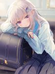  1girl :t arm_pillow backpack backpack_removed bag bangs blue_cardigan blue_hair blunt_bangs blurry blurry_background blush braid cardigan hair_ornament half_updo head_rest highres indoors leaning_to_the_side lize_helesta long_hair long_sleeves looking_at_viewer multicolored_hair nijisanji pink_eyes pleated_skirt randoseru silver_hair sitting skirt sleeves_past_wrists solo two-tone_hair violet_eyes virtual_youtuber white_hair yunmi_0527 