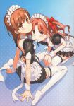  2girls absurdres apron ass bare_back blush brown_eyes brown_hair hair_ornament hair_ribbon highres huge_filesize looking_at_viewer maid_apron maid_headdress misaka_mikoto multiple_girls naughty_face raika9 red_ribbon ribbon scan shiny shiny_hair shiny_skin shirai_kuroko thigh-highs to_aru_kagaku_no_railgun to_aru_majutsu_no_index twintails white_legwear wrist_cuffs yuri 