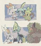  !? black-framed_eyewear blush cinderace closed_mouth commentary_request crying frown gen_8_pokemon glasses grookey holding_hands inteleon looking_back no_humans pokemon pokemon_(creature) rillaboom scorbunny sobble starter_pokemon_trio wavy_mouth yurano_(upao) 