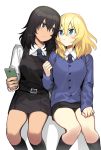  2girls :t andou_(girls_und_panzer) bangs bc_freedom_school_uniform black_legwear black_skirt black_vest blonde_hair blue_eyes blue_neckwear blue_sweater cardigan cellphone closed_mouth diagonal_stripes dress dress_shirt frown girls_und_panzer holding holding_phone kneehighs long_sleeves looking_at_another medium_hair messy_hair miniskirt multiple_girls necktie necktie_grab neckwear_grab oshida_(girls_und_panzer) phone pinafore_dress pleated_skirt red_neckwear school_uniform shirt side-by-side simple_background sitting skirt smartphone striped striped_neckwear sweater tan3charge vest white_background white_shirt wing_collar 