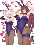  2girls animal_ears bangs blush breasts bunny_pose bunnysuit closed_eyes closed_mouth detached_collar detached_sleeves fake_animal_ears fate/grand_order fate_(series) fishnet_legwear fishnets hair_between_eyes hair_over_one_eye hands_up high_heels highleg highleg_leotard highres large_breasts leg_garter leotard light_purple_hair long_hair looking_at_viewer mash_kyrielight multiple_girls open_mouth pantyhose purple_hair purple_leotard rabbit_ears red_eyes scathach_(fate)_(all) scathach_(fate/grand_order) shin_(rwkk8733) simple_background thighs white_background wrist_cuffs 