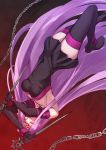  1girl boots breasts chain dress elbow_gloves fate/stay_night fate_(series) gloves glowing glowing_eyes highres long_hair medium_breasts midair miniskirt nanakaku purple_hair rider skirt solo strapless strapless_dress thigh-highs thigh_boots thighs very_long_hair violet_eyes weapon_request 