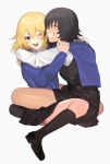  2girls ;d ^_^ andou_(girls_und_panzer) bc_freedom_school_uniform black_hair blonde_hair closed_eyes dark_skin dress girls_und_panzer hug long_sleeves medium_hair messy_hair multiple_girls one_eye_closed open_mouth oshida_(girls_und_panzer) pinafore_dress school_uniform smile sweater sweater_around_neck tan3charge 