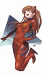  1girl blue_eyes blush brown_hair character_name from_below hand_on_hip highres hirosegawa_narumi interface_headset long_hair neon_genesis_evangelion outstretched_arm plugsuit smile solo souryuu_asuka_langley teeth tongue white_background 