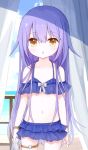 1girl :o bangs bare_shoulders bikini blue_bikini blush bow brown_eyes collarbone commentary_request curtains day eyebrows_visible_through_hair hair_between_eyes holding holding_towel indoors long_hair looking_at_viewer navel original parted_lips purple_hair solo standing swimsuit towel very_long_hair wet white_bow yuuhagi_(amaretto-no-natsu) 