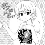  argyle argyle_background bangs birthday braid breasts character_print cup darjeeling_(girls_und_panzer) dated electricity eyebrows_visible_through_hair girls_und_panzer greyscale hand_on_own_chest holding holding_cup looking_at_viewer lowres monochrome nanashiro_gorou orange_pekoe_(girls_und_panzer) shirt short_sleeves smile swept_bangs t-shirt teacup 