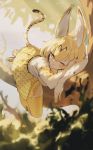  1girl absurdres animal_ears blonde_hair elbow_gloves gloves highres jin_rou kemono_friends looking_down lying one_eye_closed serval_(kemono_friends) serval_ears serval_girl serval_tail short_hair solo tail thigh-highs 