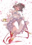  1girl :d aqua_eyes blurry blurry_foreground brown_hair cardcaptor_sakura confetti depth_of_field dress frilled_dress frills from_below full_body green_eyes hair_ribbon highres hoshi_no_tsue jumping kinomoto_sakura looking_at_viewer open_mouth outstretched_hand petticoat pink_footwear pink_ribbon red_footwear red_ribbon ribbon shiomi_(lowrise) shoes short_hair single_thighhigh smile solo star_(symbol) thigh-highs two_side_up wand white_background white_dress white_legwear 
