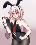  1boy absurdres ansel_(arknights) arknights blush bulge bunny_boy bunnysuit darknescorez detached_collar highres navel otoko_no_ko pantyhose pink_eyes pink_hair solo sweatdrop wrist_cuffs 