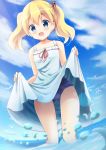  1girl :d alice_cartelet bangs bird blonde_hair blue_eyes blue_sky blue_swimsuit blush clouds commentary_request dated day dot_nose dress dress_lift eyebrows_visible_through_hair hair_ornament hair_stick highres inakami kin-iro_mosaic lifted_by_self long_hair looking_at_viewer ocean one-piece_swimsuit open_mouth red_ribbon ribbon school_swimsuit signature sky smile solo swimsuit swimsuit_under_clothes twintails wading 