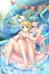  2girls aqua_eyes aqua_hair bangs bikini blonde_hair blurry blurry_background bow commentary day english_commentary full_body hair_bow hair_ornament hairclip hand_on_another&#039;s_shoulder hatsune_miku highres holding_another innertube kagamine_rin long_hair multiple_girls open_mouth orendi_laran outdoors polka_dot polka_dot_bikini short_hair smile splashing string_of_flags striped striped_bikini summer swept_bangs swimsuit twintails very_long_hair vocaloid water water_drop water_slide white_bow 