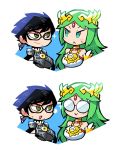  &gt;:) 2girls :&lt; :d bayonetta bayonetta_(character) bespectacled black-framed_eyewear black_hair blush_stickers closed_mouth crown earrings eye_contact forehead_jewel glasses green_eyes green_hair halftone highres jewelry kid_icarus long_hair looking_at_another mole mole_under_mouth multiple_girls open_mouth palutena rariatto_(ganguri) round_eyewear short_hair smile sweat v-shaped_eyebrows 